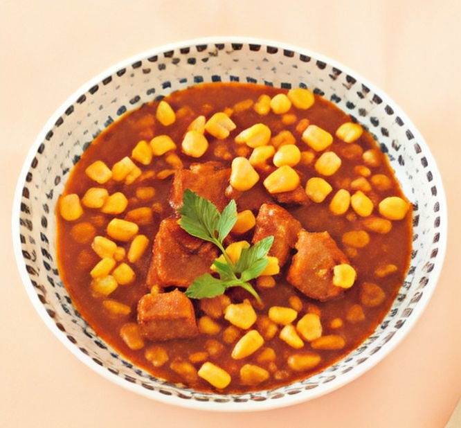 たっぷりコーンの角切りポークチリソース煮